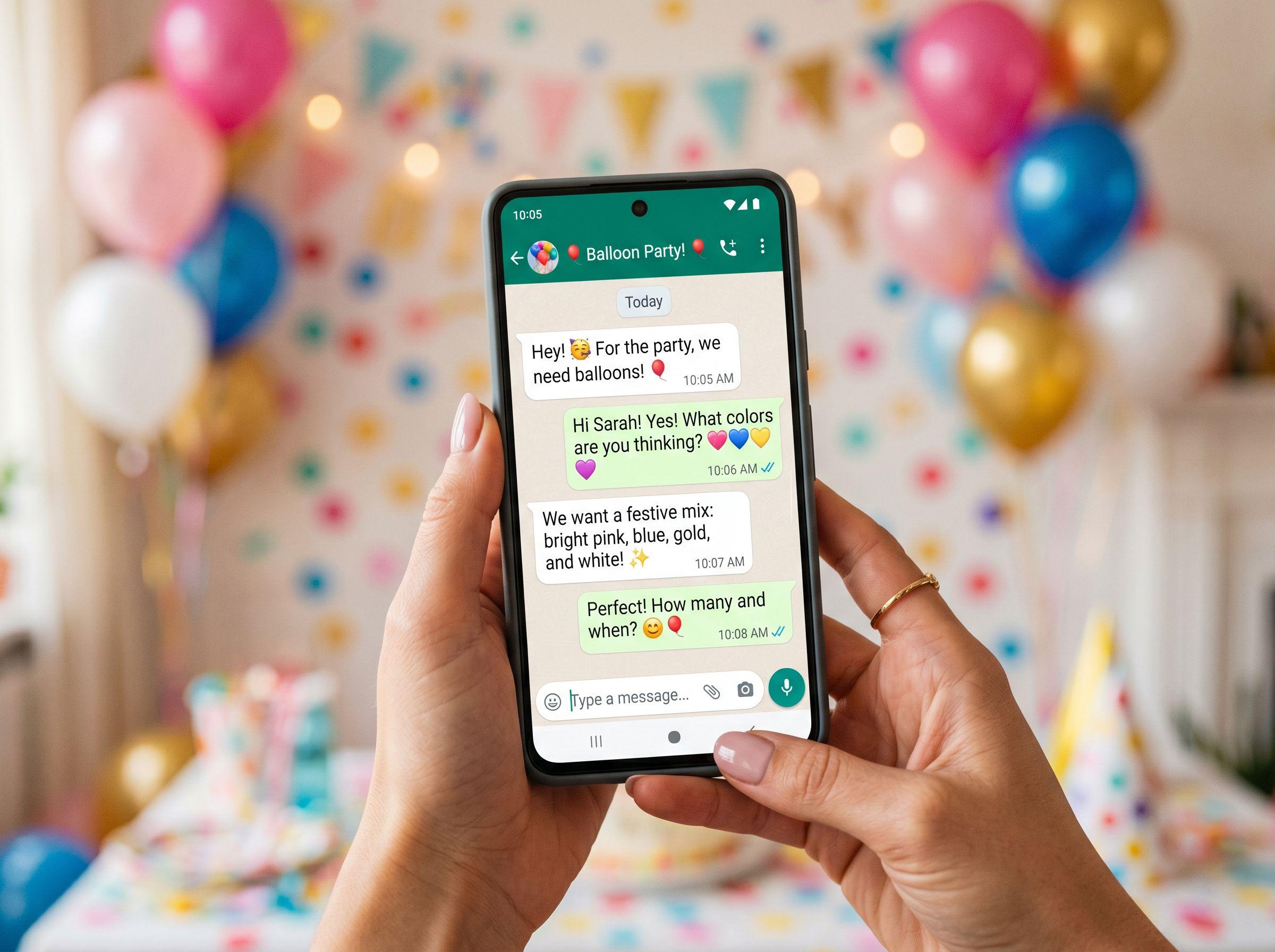 Смартфон с открытым диалогом WhatsApp — обсуждается заказ шаров на день рождения